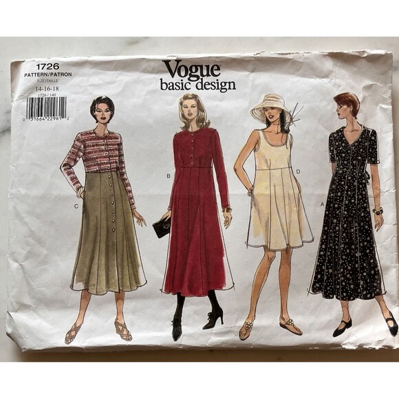 Uncut Vogue 1726 Women’s Dress Pattern Sizes 14, 16 Or 18 Multiple Styles - Picture 1 of 6